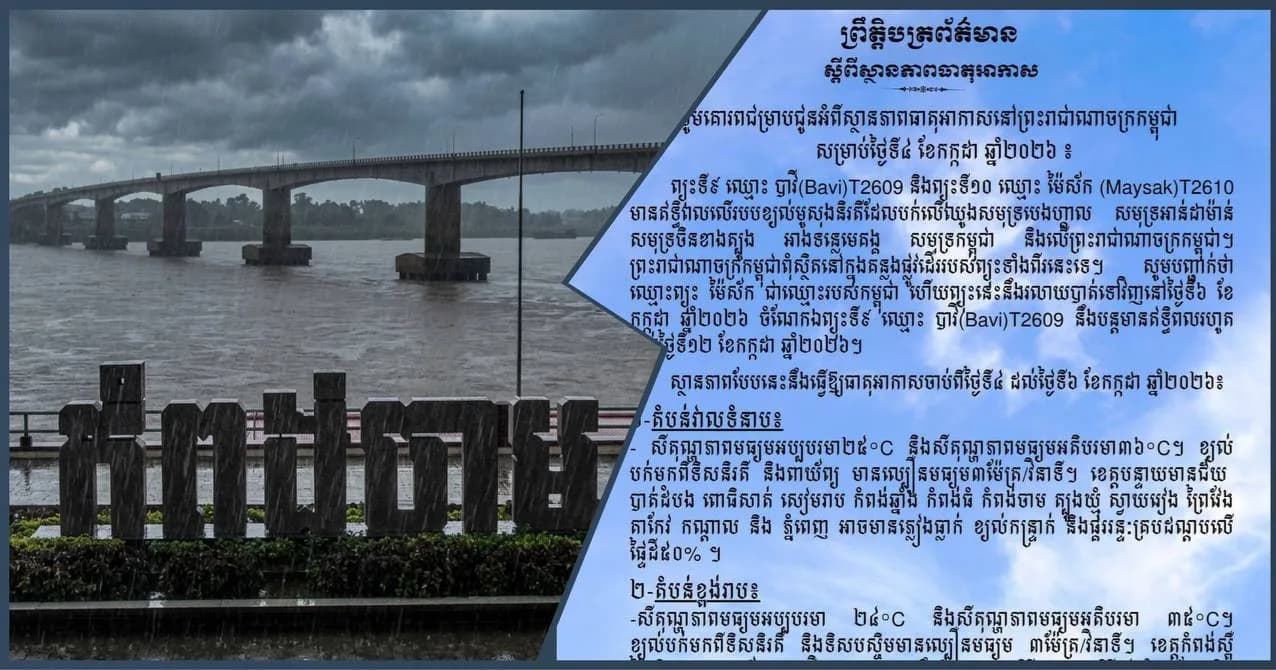 ស្ថានភាពធាតុអាកាសនៅព្រះរាជាណាចក្រកម្ពុជា សម្រាប់ថ្ងៃទី៤ ខែកក្ដដា ឆ្នាំ២០២៦