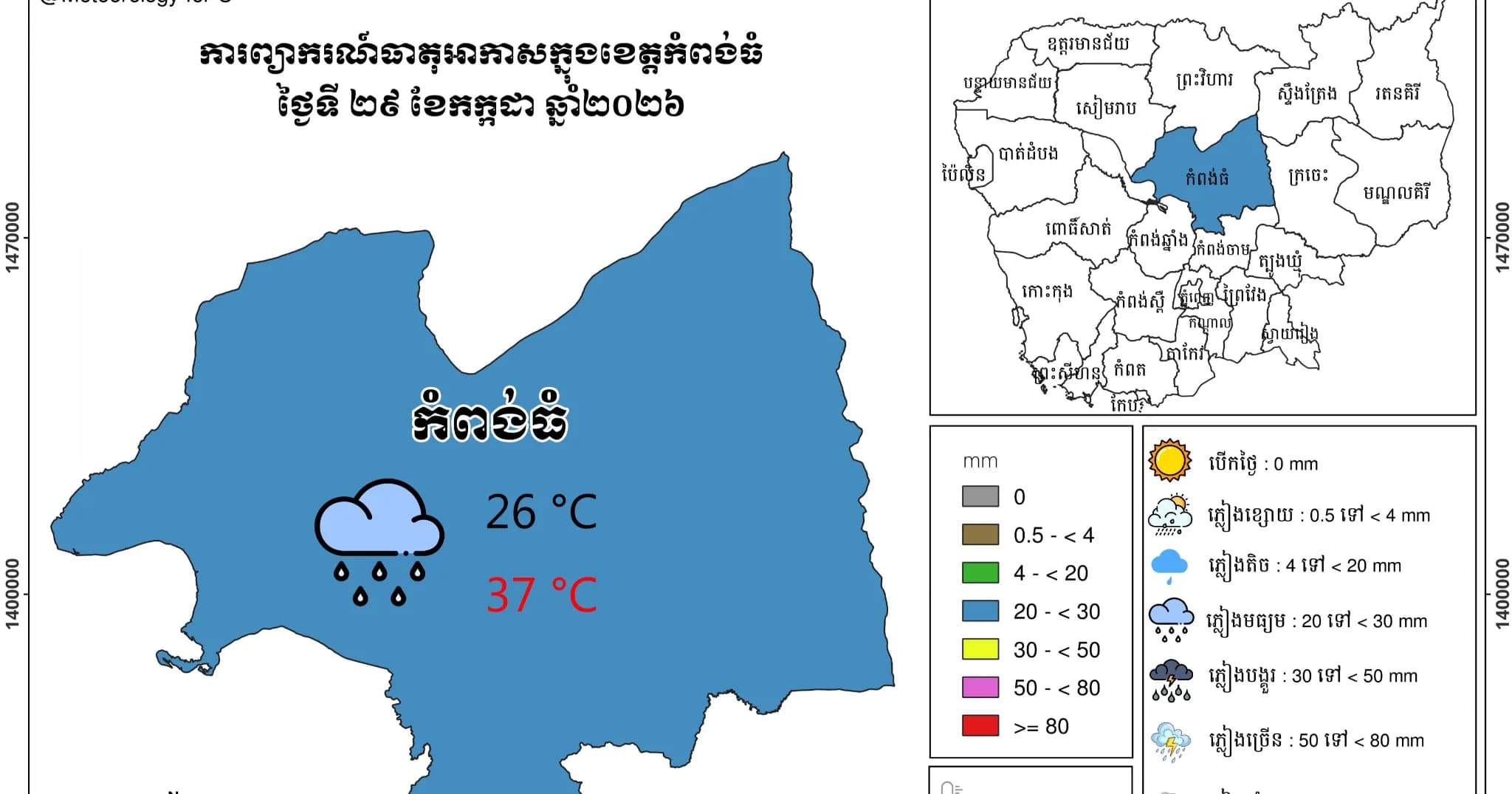 សូមគោរពជម្រាបជូន អំពី “ ព្រឹត្តបត្រព្យាករណ៍ធាតុអាកាស ខេត្តកំពង់ធំ “