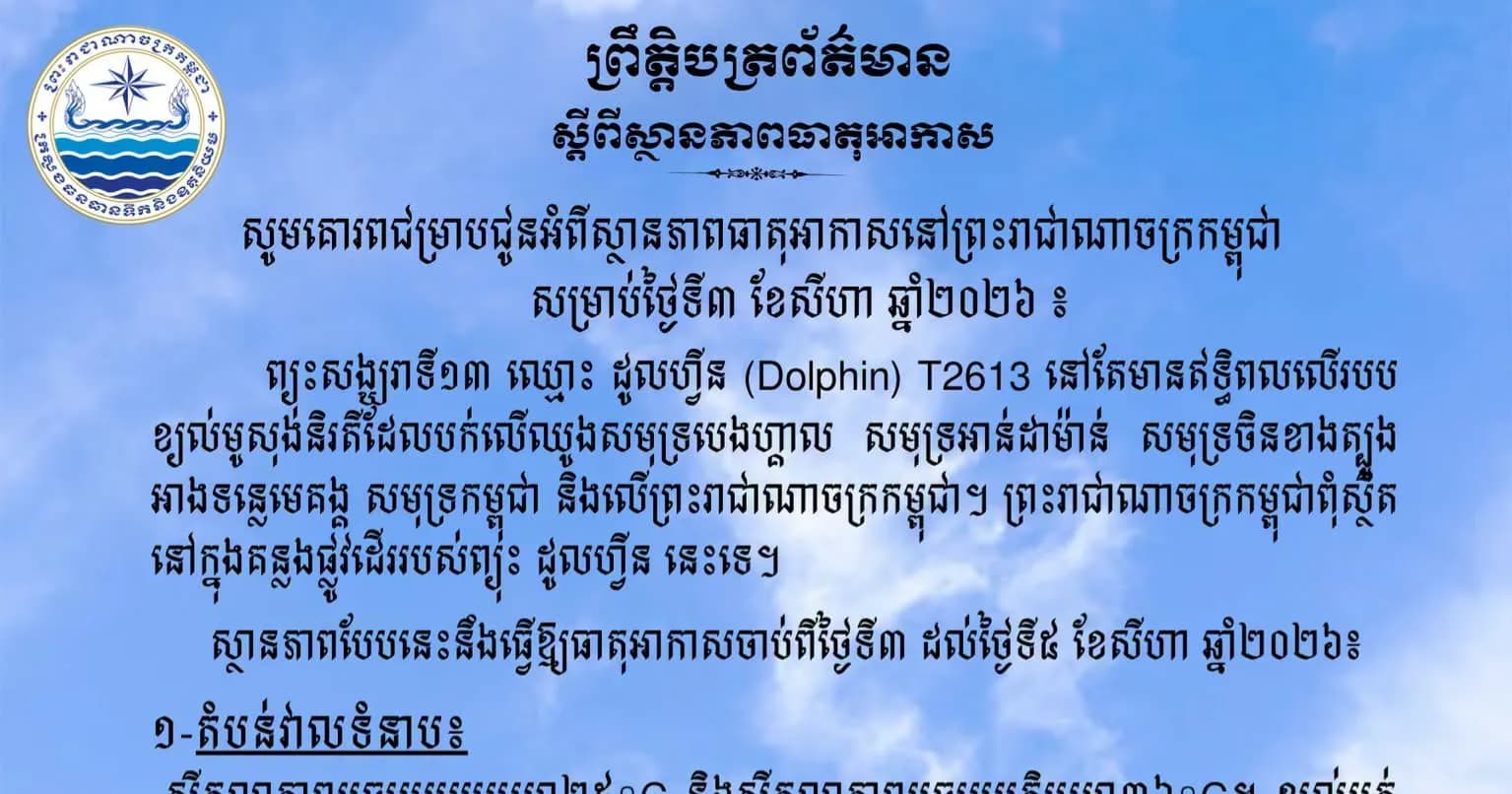 សូមគោរពជម្រាបជូនអំពីស្ថានភាពធាតុអាកាសនៅព្រះរាជាណាចក្រកម្ពុជា សម្រាប់ថ្ងៃទី៣ ខែសីហា ឆ្នាំ២០២៦៖