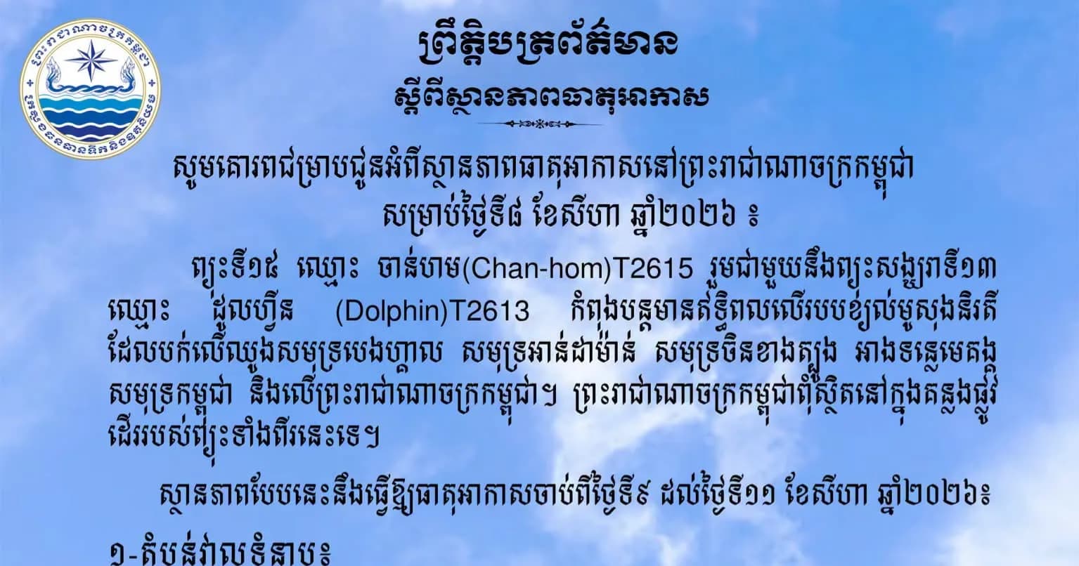 សូមគោរពជម្រាបជូនអំពីស្ថានភាពធាតុអាកាសនៅព្រះរាជាណាចក្រកម្ពុជា សម្រាប់ថ្ងៃទី៩ ខែសីហា ឆ្នាំ២០២៦៖