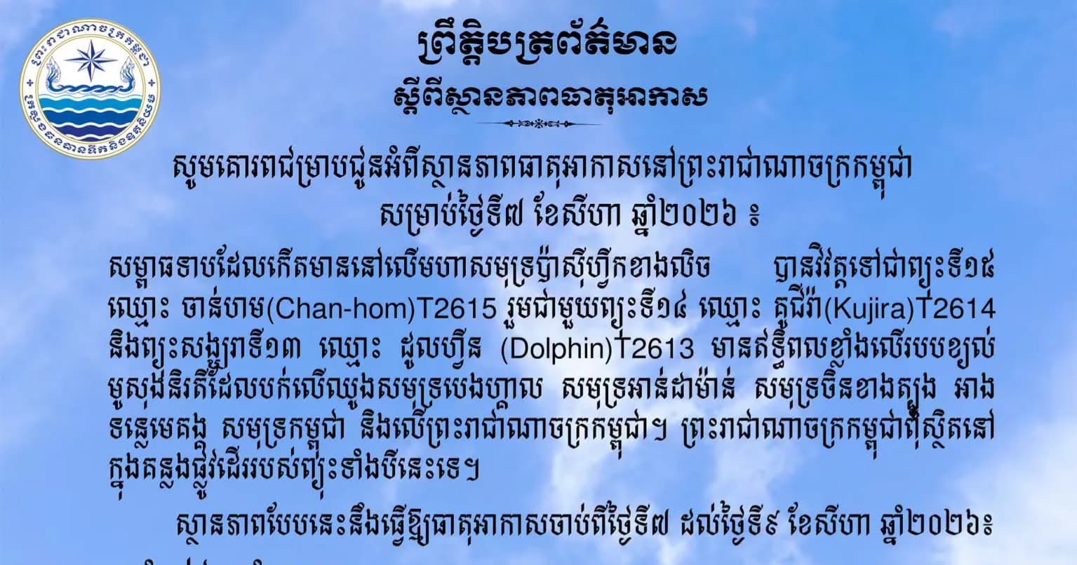 សូមគោរពជម្រាបជូនអំពីស្ថានភាពធាតុអាកាសនៅព្រះរាជាណាចក្រកម្ពុជា សម្រាប់ថ្ងៃទី៧ ខែសីហា ឆ្នាំ២០២៦៖